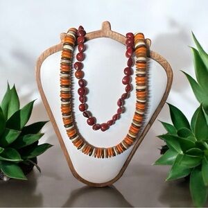 Red and Orange Beaded Statement Necklaces. Set of 2